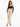 A woman poses in a fitted black crop top with long sleeves and beige high-waisted trousers, showcasing a stylish look.