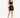 A model wearing a fitted black skirt paired with a matching crop top and strappy heels.