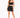 A model poses in a fitted black crop top and matching mini skirt, paired with strappy heels.