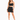 A model poses in a fitted black crop top and matching mini skirt, paired with strappy heels.