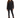 A model wearing a black lace button-up shirt paired with sleek black pants featuring side slits.