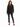 A model wearing a black lace button-up shirt paired with sleek black pants featuring side slits.