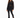 A model poses in a sheer black button-up top with intricate patterns, paired with fitted black pants featuring side s...