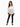 A woman models a sheer white lace top with a black collar, paired with black pants featuring side slits.