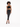 A model poses in a black crochet halter top and high-waisted black jeans, showcasing a stylish casual look.
