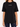 A model wearing a loose-fitting black t-shirt with white embroidered text on the chest, paired with distressed jeans.