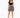 A model poses in a black cropped top and a patterned mini skirt, complemented by strappy black heels.