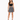 A model poses in a black cropped top and a patterned mini skirt, complemented by strappy black heels.
