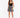 A model poses in a fitted black crop top and a flared skirt with a monochrome animal print design.