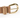Tan leather belt featuring a shiny gold double-prong buckle and decorative stitching details.