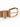 Tan leather belt featuring a shiny gold double-prong buckle and decorative stitching details.