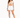A model wearing a beige cropped top with a tie front, paired with white shorts and white sneakers.