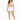 A model wearing a beige cropped top with a tie front, paired with white shorts and white sneakers.