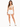 A model wearing a beige cropped top with a tie front, paired with white shorts and white sneakers.