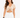 A model wearing a beige cropped top with a V-neck and drawstring detail, paired with white denim shorts.