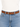 Brown leather belt with a silver buckle worn over light blue high-waisted jeans and a white top.