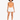 Model wearing an orange bodysuit with a cutout detail, paired with white shorts and sneakers.