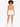 Model wearing an orange bodysuit with a cutout detail, paired with white shorts and sneakers.