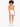 Model wearing a fitted, sleeveless orange bodysuit with a cutout, paired with white shorts and sneakers.