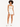 A model wearing a light bodysuit with a cutout design, paired with white high-waisted shorts and sneakers.