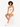A model poses in a light bodysuit with a cutout detail, paired with white shorts and sneakers.