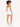 A model with curly hair wears a fitted bodysuit and white shorts, showcasing a casual summer outfit.