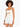 A model with curly hair poses in a light bodysuit and white high-waisted shorts, showcasing a stylish cutout design.