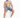 A man sits on a white pedestal wearing a sleeveless graphic shirt and denim shorts, paired with white sneakers.