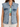 Light blue sleeveless denim vest with front pockets and silver buttons, layered over a green top.