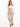 A model wearing high-waisted, wide-leg beige pants paired with a fitted off-the-shoulder top and heels.
