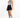A model poses in a patterned bodysuit and high-waisted black shorts, paired with black sneakers.