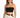 A woman wearing a black cropped top with thin straps, paired with beige high-waisted pants and a braided brown belt.
