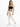 A woman stands confidently in a fitted black top and cream-colored pants, paired with white sneakers.