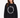 A woman models a relaxed-fit black sweatshirt featuring bold white text in a circular design.