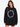 A woman models a relaxed-fit black sweatshirt featuring bold white text in a circular design.