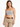 A woman models a light gray cropped top with thin straps, paired with beige high-waisted trousers and a braided belt.