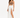 A model poses in a flowing white skirt with high slits, paired with a brown crop top and black heels.