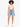A model wearing a fitted beige crop top and distressed denim shorts, paired with white sneakers.