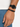 A close-up of a hand wearing a braided brown bracelet alongside a black watch on a denim background.