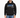 A man wearing a black hoodie with graphic text and a front pocket, paired with light blue jeans.