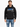 A man wearing a black hoodie with graphic text and a front pocket, paired with light blue jeans.