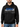 A man wearing a black hoodie with graphic text and a front pocket, paired with blue jeans.