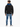 A person wearing a black hoodie with blue lettering on the hood, paired with blue jeans and white sneakers.