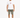 A man stands wearing a white graphic t-shirt and olive green distressed shorts, paired with white sneakers.