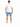 A person wearing a fitted white t-shirt and rolled-up denim shorts, viewed from the back.