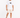 A man wearing a white graphic t-shirt and light beige distressed shorts, standing against a plain background.