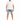 A man stands confidently in a casual outfit featuring light blue denim shorts and a plain white t-shirt.