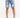Light blue denim shorts with rolled cuffs, featuring an orange drawstring and worn with white sneakers.