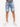 Light blue denim shorts with rolled cuffs, featuring an orange drawstring and worn with white sneakers.