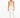 A model wearing a fitted beige bodysuit paired with tailored white pants and black strappy heels.